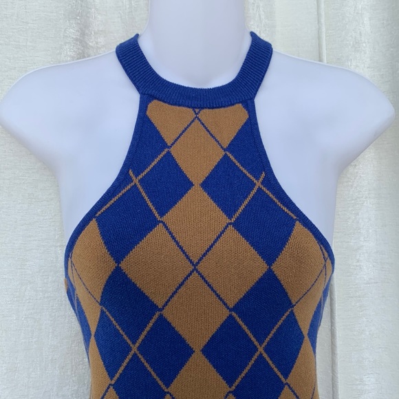 Urban Outfitters Argyle Halter RacerBack Sweater Dress Blue Mustard Yellow - Picture 4 of 12